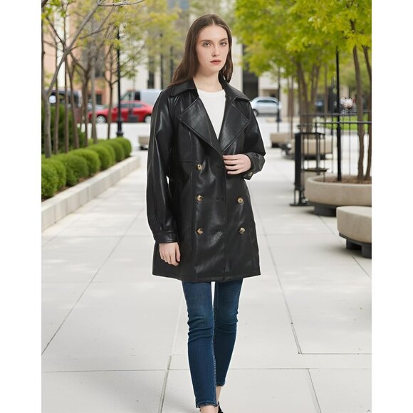 Women Faux Leather Blazer Jacket Vegan Pleather Lapel Button Down Casual Coat - Picture 3 of 6